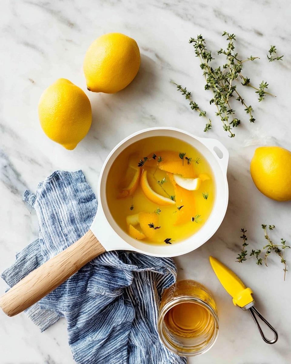 A white saucepan with light wooden handle holds a golden yellow liquid with floating lemon peels and small green herb sprigs, placed on a white marbled surface. Nearby are three whole yellow lemons, a bright yellow peeler, a small open jar with golden liquid, and several green herb sprigs scattered around. A blue and white striped cloth rests under the saucepan handle. The scene is bright and clean, showing fresh ingredients and cooking tools. photo taken with an iphone --ar 4:5 --v 7