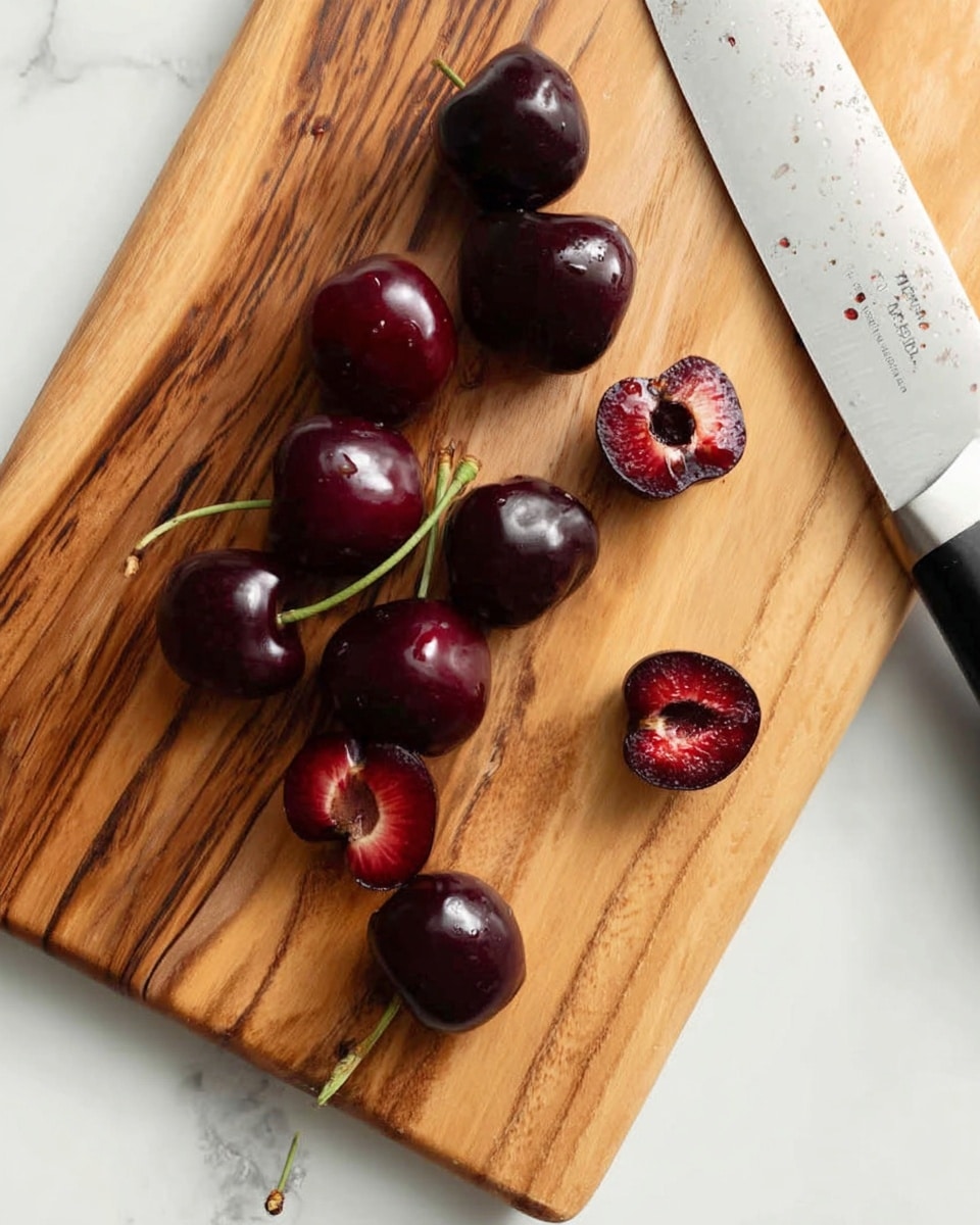 The image shows a smooth wooden cutting board with a group of dark red cherries, some whole with stems, and two cherries cut in half revealing their dark inner flesh and pits. A small cherry pit sits nearby on the board. A large silver knife with a black handle lies next to the cherries on the right side of the cutting board. The surface below the cutting board is a white marbled texture. Photo taken with an iphone --ar 4:5 --v 7