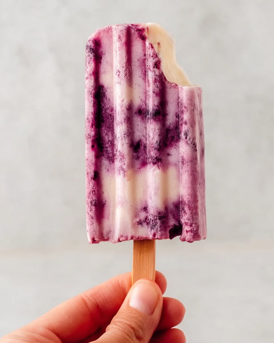 A close-up image of a purple and white swirled popsicle with a bite taken from the top right corner, showing a marbled mix of creamy white and dark purple layers throughout the body. The popsicle is vertically ribbed, held by a wooden stick. A woman's hand grips the stick at the bottom against a soft, white marbled background. The lightly textured surface of the popsicle highlights the blend of colors. photo taken with an iphone --ar 4:5 --v 7
