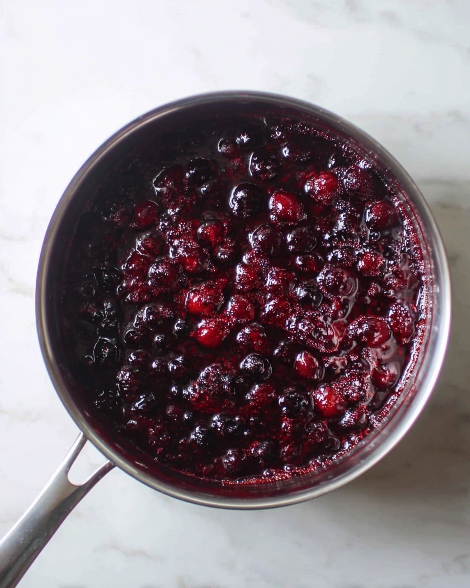 A pot filled with a thick dark red and purple berry sauce, showing whole and partially crushed berries, sitting on a white marbled surface. The surface of the sauce is shiny and bubbly in some spots, reflecting light. The pot is silver with a handle visible on the left side. The sauce appears rich and dense, almost filling the pot to the top. Photo taken with an iphone --ar 4:5 --v 7