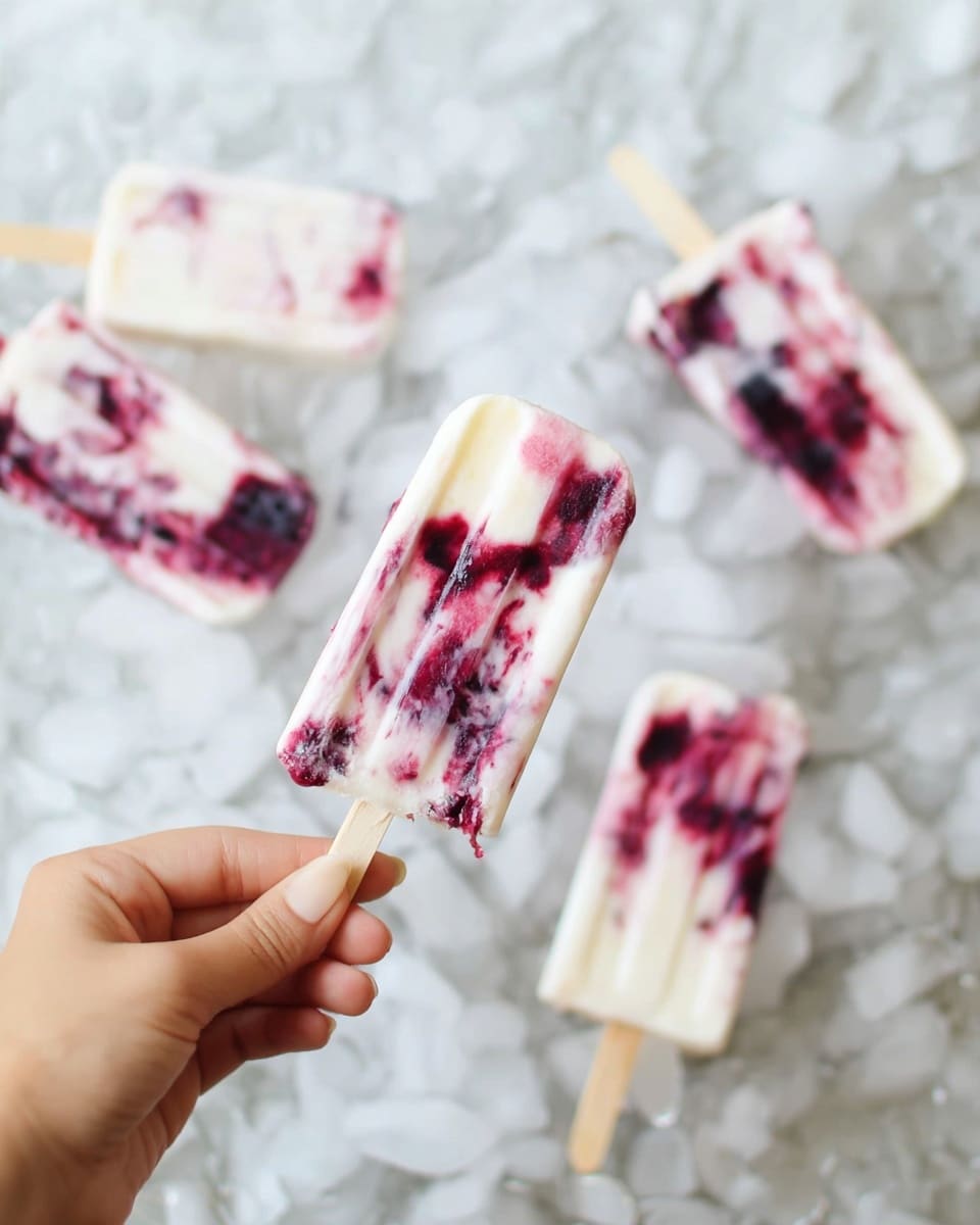 A woman's hand holds a popsicle with a white base swirled with deep red and purple berry patches, showing creamy and juicy textures. In the background, four more popsicles with the same white and berry swirl pattern lie on a bed of clear ice cubes over a white marbled surface, creating a cool and fresh look. The popsicles have wooden sticks, and the focus is on the front popsicle held by the hand with soft lighting that makes the creamy and berry details clear. Photo taken with an iphone --ar 4:5 --v 7