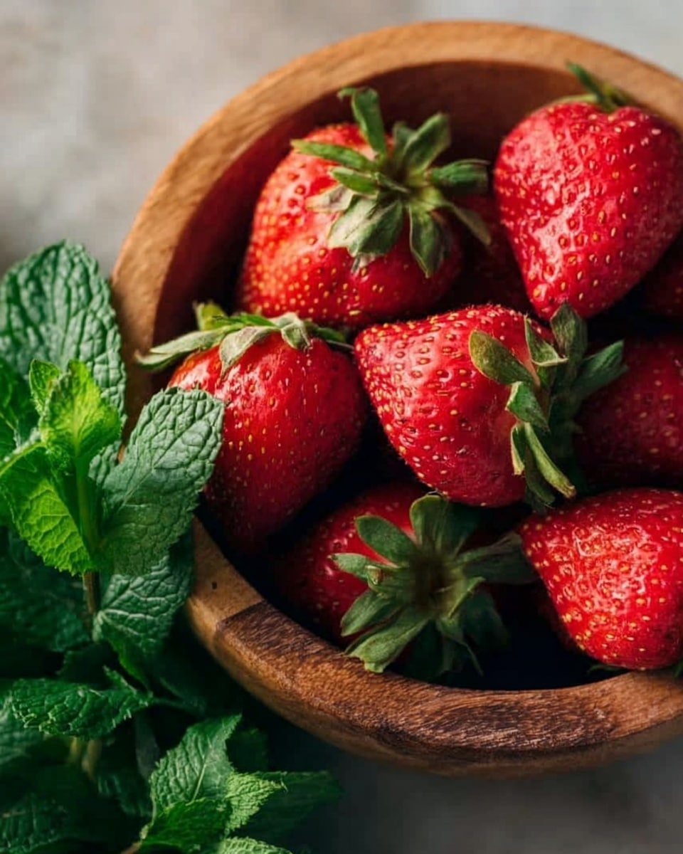 A wooden bowl filled with bright red strawberries with green leafy tops sits on a white marbled surface. The strawberries have tiny seeds on their smooth skin, some are plump with a shiny look while others are slightly rough. Fresh green mint leaves are placed behind the bowl, adding a touch of freshness to the scene. The light captures the texture of both the strawberries and the mint leaves clearly. photo taken with an iphone --ar 4:5 --v 7