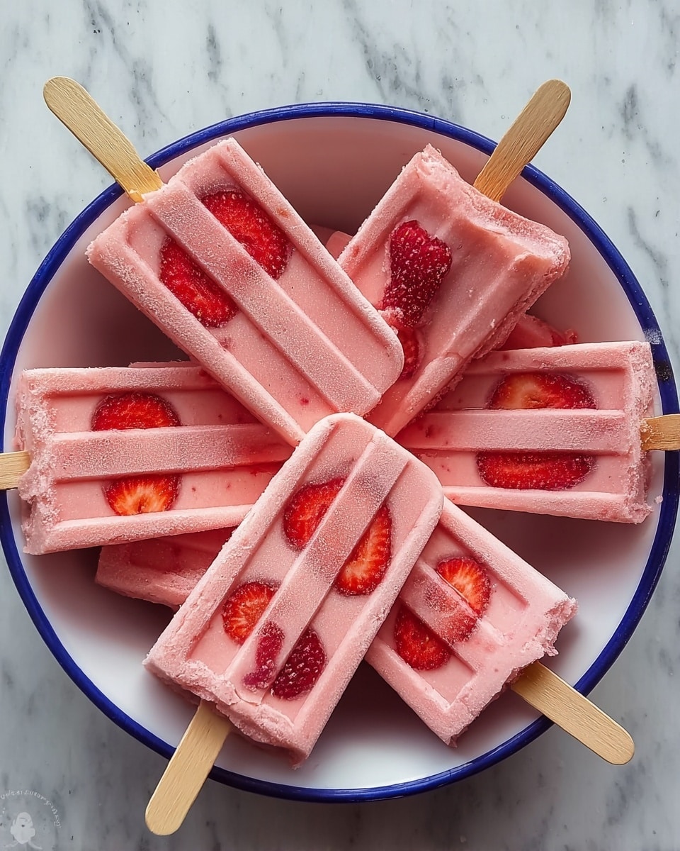 A white bowl with a blue rim holds seven pink popsicles arranged in a circular pattern with wooden sticks facing outward. Each popsicle has two visible thin layers with frozen slices of red strawberries embedded within the light pink icy texture, showing a smooth surface with slight frosty edges. The popsicles have small ridges running lengthwise, and the bowl sits on a white marbled surface. photo taken with an iphone --ar 4:5 --v 7