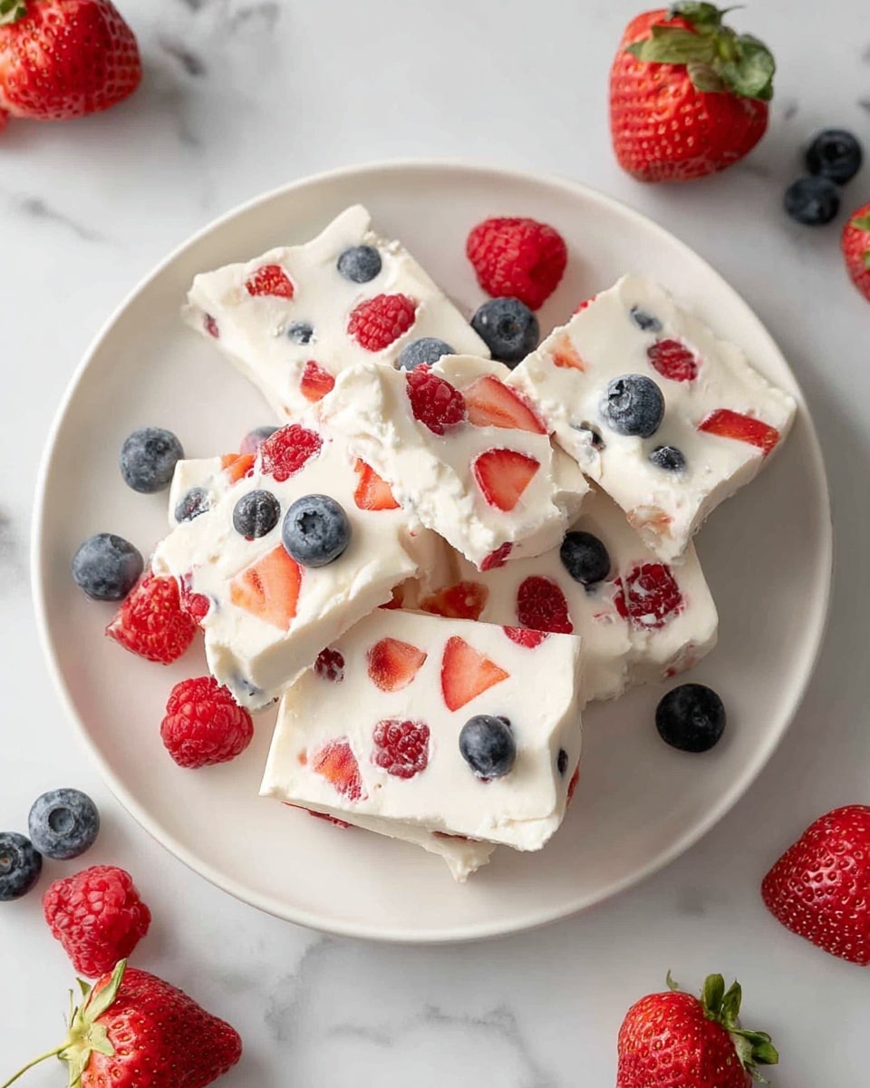 The image shows several irregularly shaped pieces of white frozen dessert scattered on a white plate, each piece dotted with red raspberries, blue blueberries, and bright red strawberry slices embedded in the creamy white base. The dessert has a smooth but slightly bumpy texture, with the vibrant berries standing out vividly against the creamy backdrop. Around the plate on a white marbled surface, more whole strawberries, raspberries, and blueberries are placed decoratively. The arrangement looks fresh and colorful, with a clean and bright feel. photo taken with an iphone --ar 4:5 --v 7