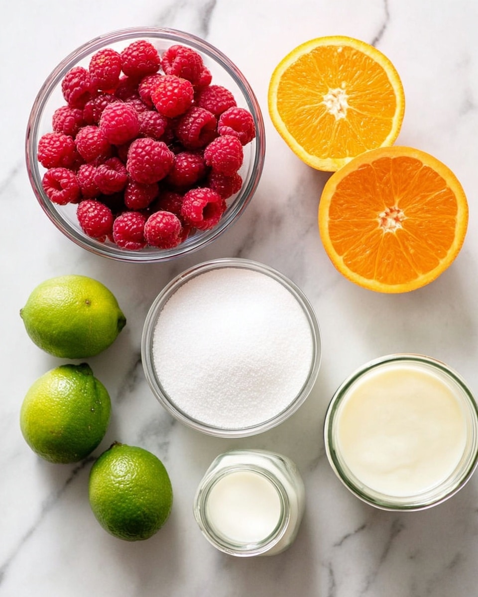 The image shows a white marbled surface with various ingredients arranged neatly. At the top center is a clear glass bowl filled with bright red raspberries. Below and to the right is a clear bowl filled with white granulated sugar. To the right of the sugar bowl are two small glass jars, one with a creamy white liquid and the other with a similar but slightly thicker white liquid. To the left side, there are two whole green limes and two lime halves, placed near two orange halves and one whole orange on the right side. The colors are vibrant with reds, greens, and oranges standing out against the white marbled background. photo taken with an iphone --ar 4:5 --v 7