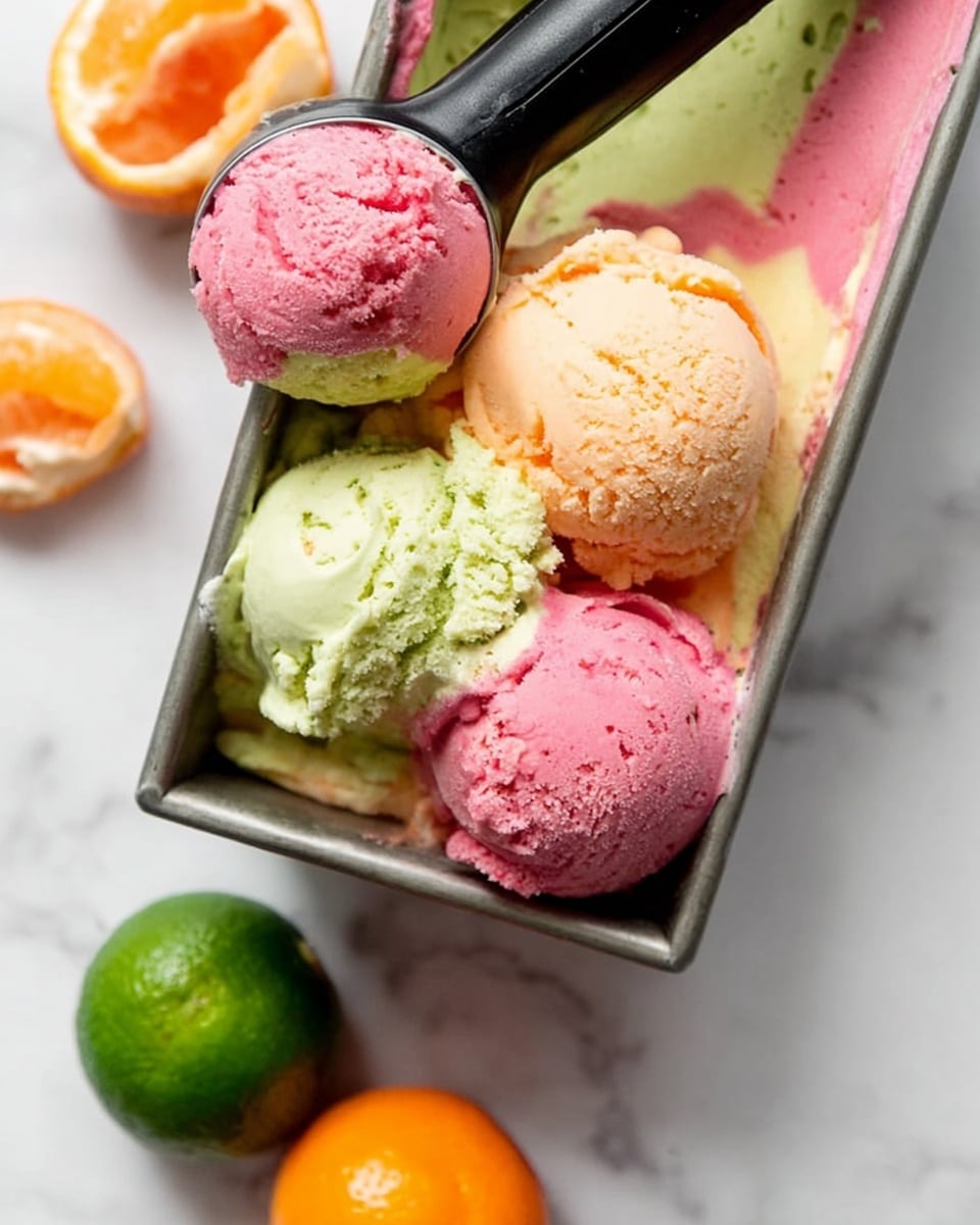 The image shows a metal rectangular container filled with three scoops of colorful sherbet ice cream. One scoop is bright pink, one is soft orange, and one is light green. The scoops are placed on top of a base with mixed patches of the same three colors, giving a playful layered effect inside the container. A black-handled ice cream scooper is partially visible, lifting some ice cream. Below the container on a white marbled surface are whole citrus fruits, one green and one orange, adding a fresh contrast to the scene. The image has a bright and fresh look. photo taken with an iphone --ar 4:5 --v 7