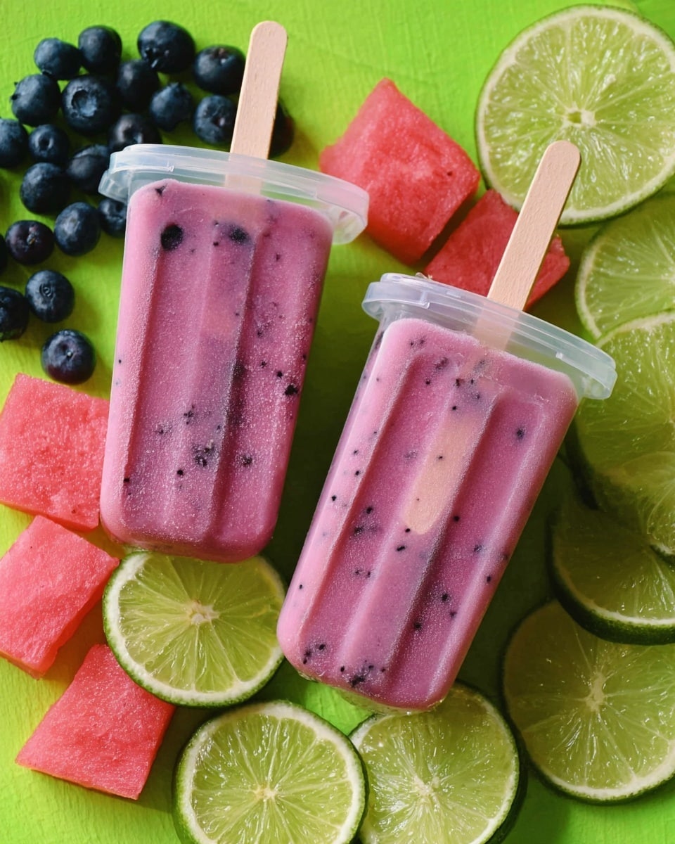 The image shows two purple-pink popsicles in clear plastic molds with wooden sticks placed inside. The popsicles contain small dark bits, giving a speckled look throughout. Below the popsicles, there are lime slices, bright pink watermelon chunks, and dark blue blueberries arranged on a bright green surface. The colors contrast with each other clearly. photo taken with an iphone --ar 4:5 --v 7