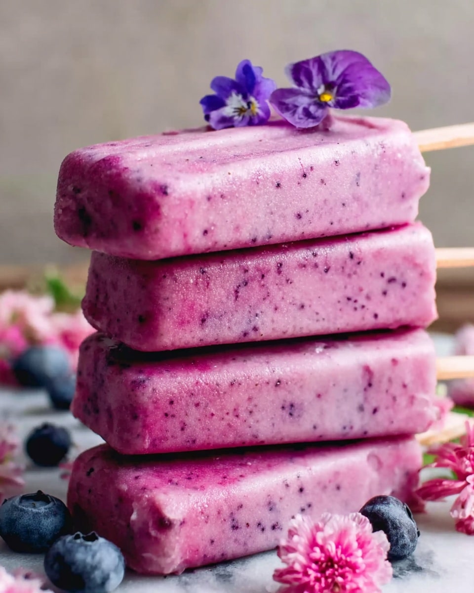 Three purple-pink popsicles with tiny dark specks are stacked on top of each other vertically, with the top popsicle leaning slightly to the side. Small purple and pink flowers are placed on top of the stack. The sweets are placed on a white marbled surface with a few blueberries and pink flowers around the base. The texture of the popsicles is smooth and cold-looking. Photo taken with an iphone --ar 4:5 --v 7