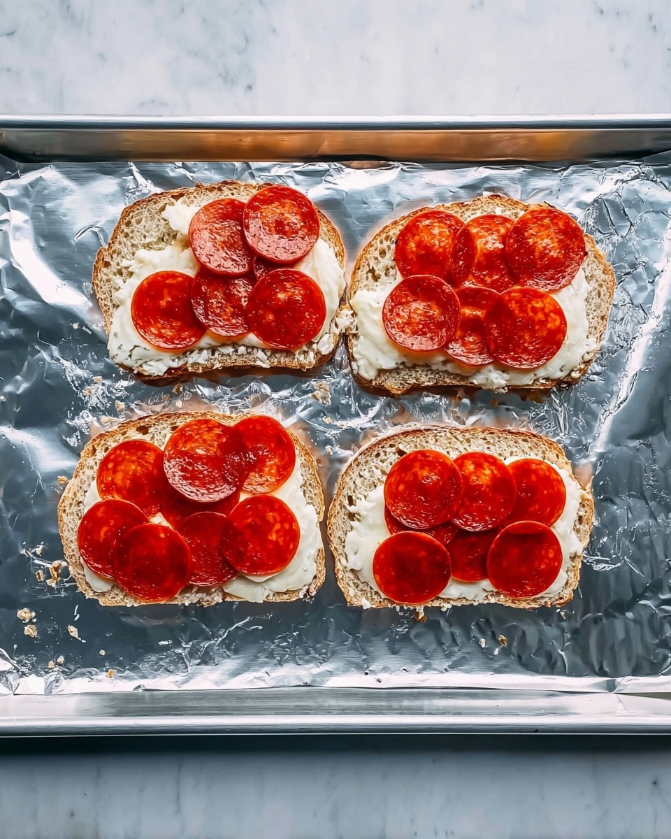 The image shows three pieces of bread on a shiny aluminum foil-lined baking tray. Each piece of bread has a layer of white cheese in the middle, topped with several slices of bright red pepperoni, creating two visible layers on each piece. The bread appears light brown with a rough texture, and the pepperoni slices are evenly spread over the cheese, covering the surface. The tray sits on a white marbled textured surface. photo taken with an iphone --ar 4:5 --v 7