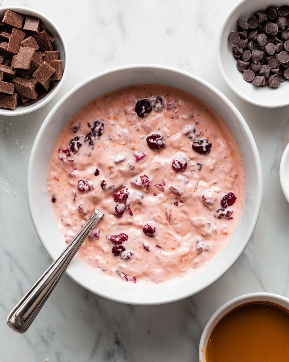 A white bowl holds a creamy pink mixture with visible small white lumps and dark red fruit pieces spread evenly throughout. A silver spoon rests inside the bowl on the left side, its handle angled outward. The bowl is placed on a white marbled surface, surrounded by three small white bowls: one filled with square-shaped chocolate cereal pieces at bottom left, another with glossy chocolate chips on the top right, and a third with a smooth brown sauce at bottom center. Photo taken with an iphone --ar 4:5 --v 7