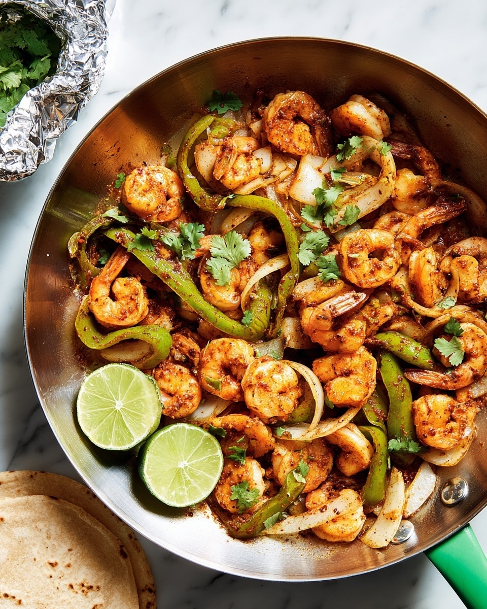 A silver pan filled with cooked shrimp mixed with slices of grilled green bell pepper and white onion, all lightly browned and seasoned, garnished with fresh green cilantro leaves scattered on top. There are two lime wedges placed inside the pan, adding a fresh touch to the dish. The pan is set against a white marbled surface. To the side, wrapped in aluminum foil, there is a stack of soft corn tortillas visible. Photo taken with an iphone --ar 4:5 --v 7