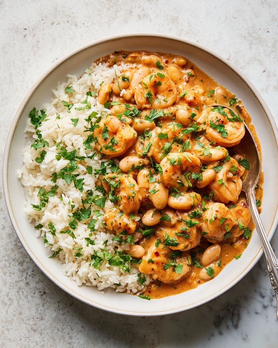 A close-up top view of a shallow white bowl with two main layers: on the left side, a bed of fluffy white rice with green herb leaves scattered on top, and on the right side, a creamy orange-brown sauce covering cooked shrimp and white beans, garnished with more chopped green herbs. A silver spoon rests inside the bowl near the rice. The bowl is set on a white marbled surface. photo taken with an iphone --ar 4:5 --v 7