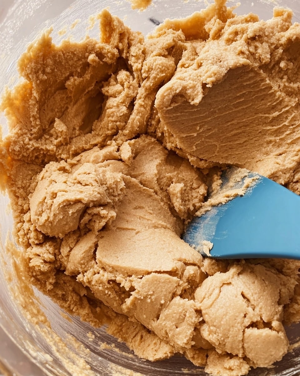 The image shows a close-up of light brown thick dough with a grainy texture inside a clear glass bowl. The dough is rough and chunky with visible fingerprints and creases, suggesting it was freshly mixed or pressed in some places. To the right, there is a blue silicone spatula partially embedded in the dough, with smooth edges contrasting the dough's rough texture. The bowl and dough fill almost the entire frame. Photo taken with an iphone --ar 4:5 --v 7