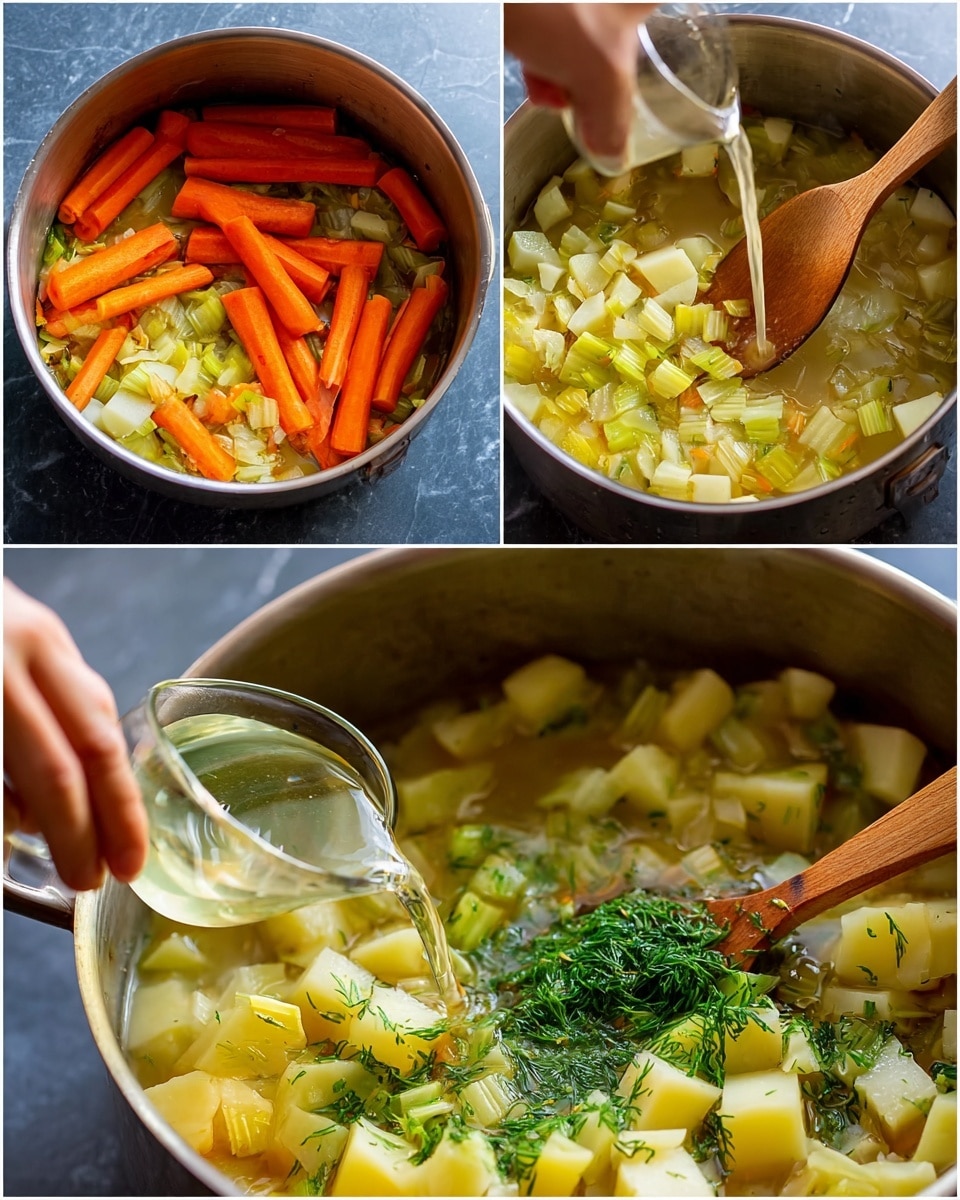 The image shows a cooking process in a large silver pot on a dark surface, now described as white marbled texture. The top left section shows cooked thick slices of orange carrots and light yellowish chopped leeks mixed together inside the pot being stirred with a wooden spatula held by a woman's hand. The bottom left section shows chopped potatoes, fresh green herbs, and a clear liquid being poured from a small glass into the pot, again stirred by a wooden spatula held by a woman's hand. The right section shows the full pot filled with diced pale yellow potatoes, green herbs, and broth with the wooden spatula stirring the mixture from the side. The overall view is close-up with natural colors visible, photo taken with an iphone --ar 4:5 --v 7