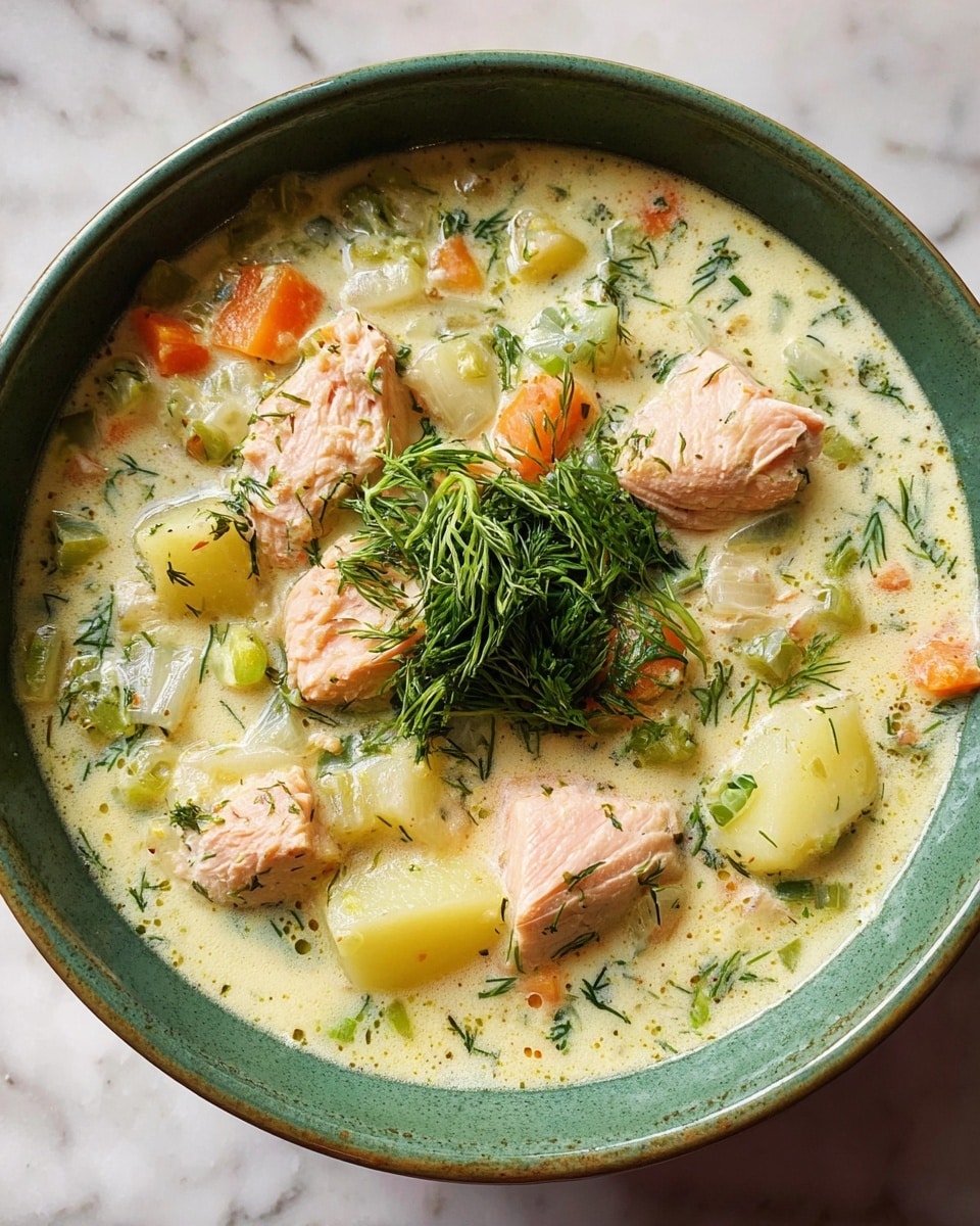 A green bowl filled with creamy fish soup sits on a white marbled surface. The soup has a light yellowish cream base with green dill sprinkled throughout. Several pieces of pink fish are spread evenly on top, mixed with chunks of pale yellow potatoes, small orange carrot pieces, and chopped green celery. The green dill garnish is also placed in a small pile at the center on top of the fish, adding a fresh leafy texture to the dish. The overall look is thick and hearty with a mix of soft colorful vegetables and fish in a smooth creamy broth photo taken with an iphone --ar 4:5 --v 7