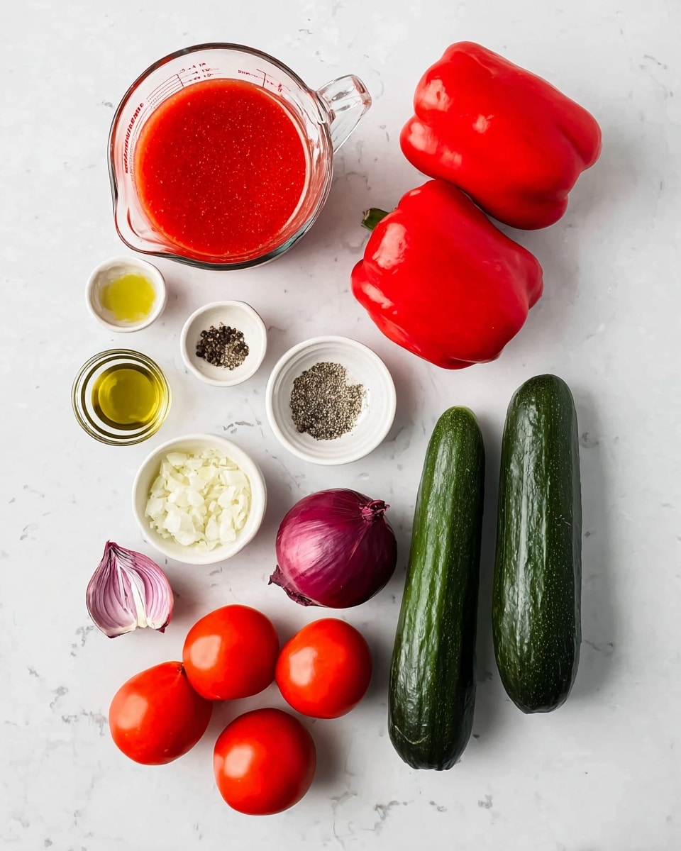 The image shows ingredients laid out on a white marbled surface. There are two whole red bell peppers positioned on the right side, and beside them, two dark green cucumber halves placed vertically. In the lower part, four red Roma tomatoes are grouped together near a purple onion with a small piece of its skin peeling off. On the left side, there is a clear measuring cup filled with red tomato juice, a small bowl of black pepper, a small bowl of salt, a small bowl of olive oil, a small bowl of white vinegar, and a small bowl with minced garlic, all arranged neatly in separate bowls and jars. photo taken with an iphone --ar 4:5 --v 7