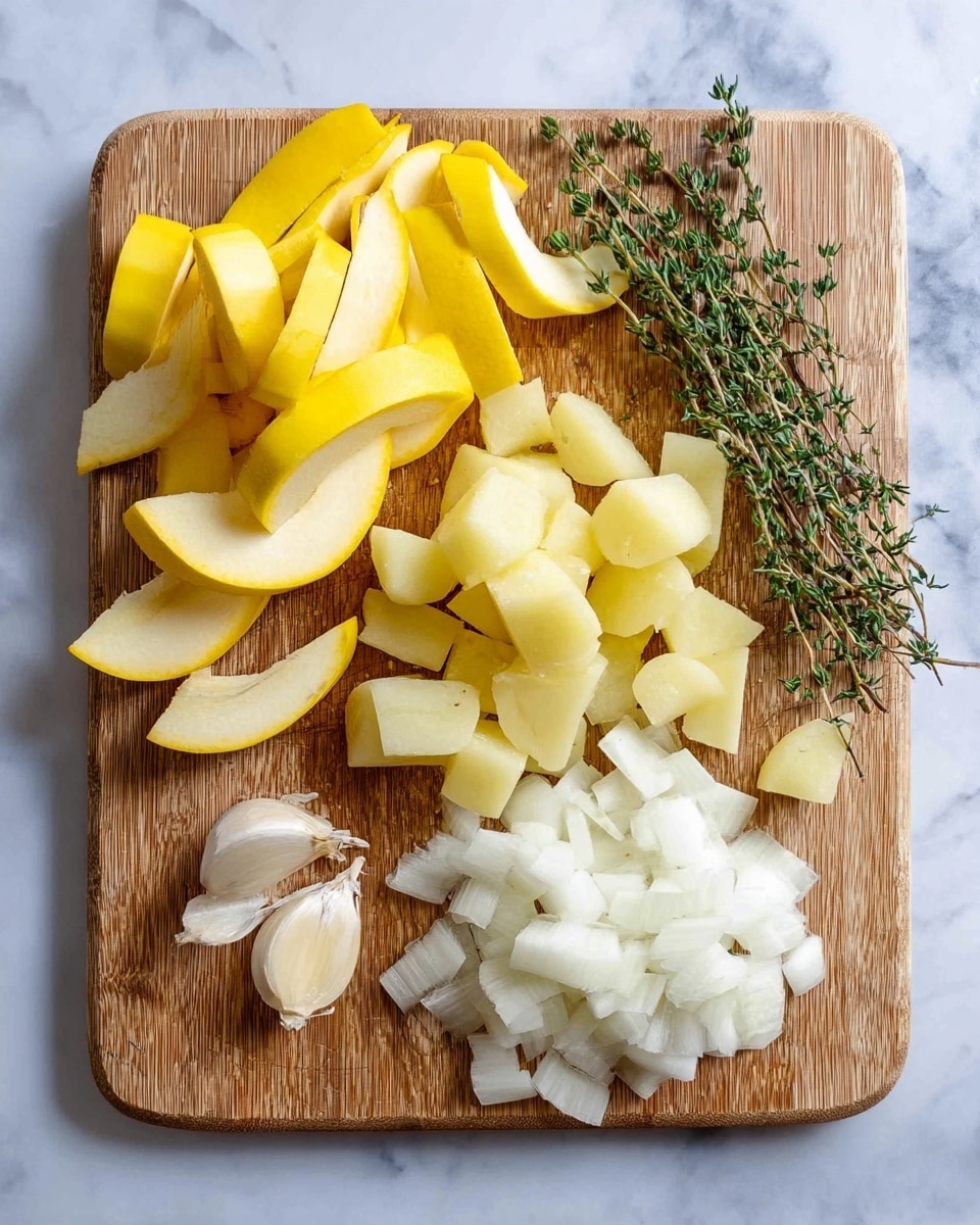 A wooden cutting board placed on a white marbled textured surface holds several chopped ingredients. On the left side, there are thin, curved slices of yellow squash with a smooth texture. Next to it are two sprigs of fresh green thyme with small leaves. To the right, there are pale yellow chunks of peeled potato with a firm texture. Below the potatoes, there are white, diced onion pieces with a slightly glossy surface. Near the bottom left corner, two whole peeled garlic cloves rest on the board. The scene is lit evenly, showing all the colors clearly. photo taken with an iphone --ar 4:5 --v 7