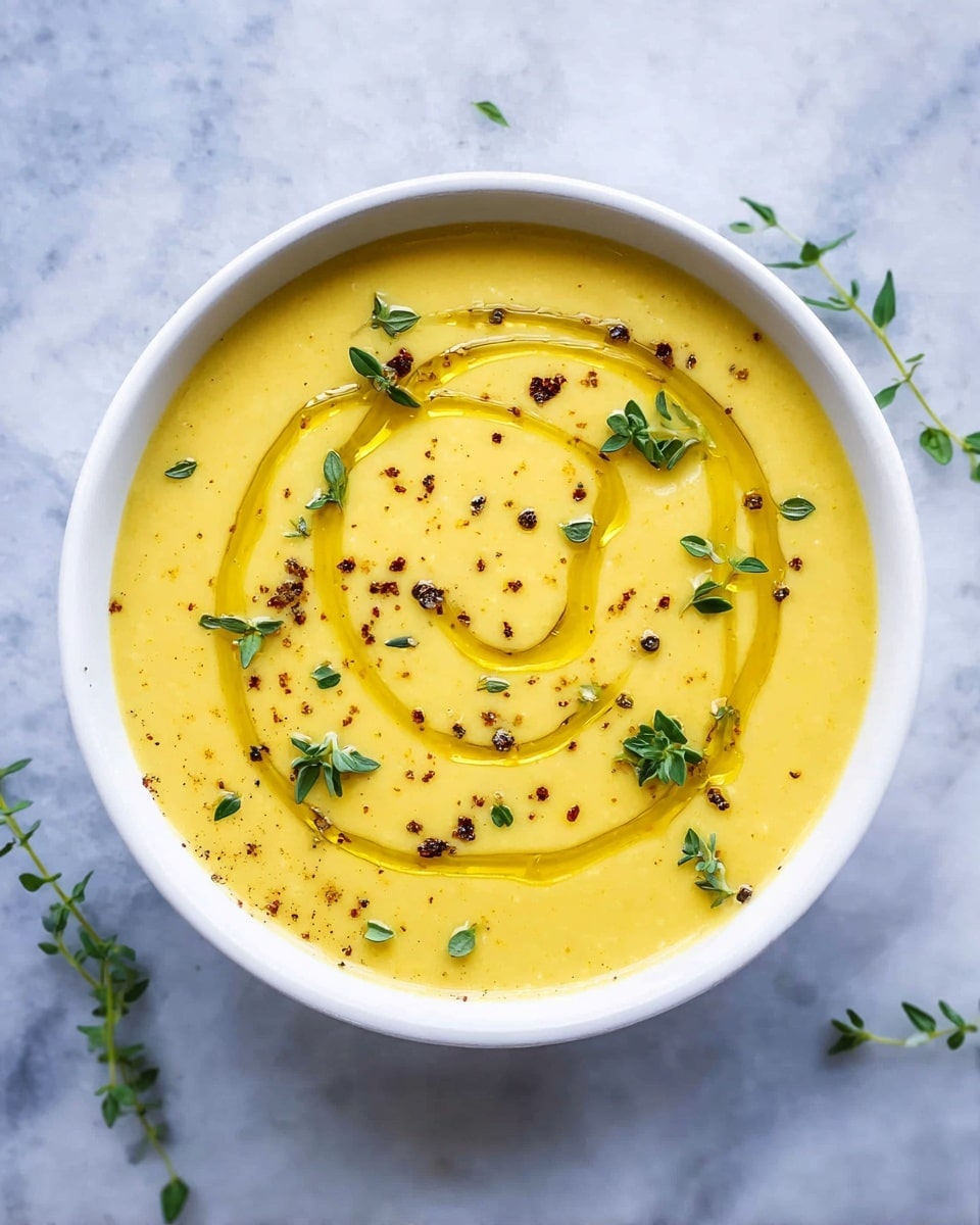 A white bowl filled with smooth, creamy yellow soup is placed on a white marbled surface. On top of the soup, there is a swirl of golden olive oil that forms a loose spiral pattern, sprinkled with small black pepper flakes. Scattered fresh green herb leaves, likely thyme, are placed both inside the soup and around the edge of the bowl, adding contrast to the yellow soup. The photo is taken from above with natural light highlighting the soup’s creamy texture and the fresh herbs photo taken with an iphone --ar 4:5 --v 7
