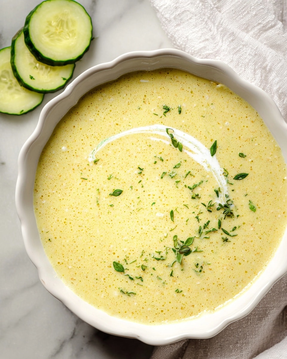 The dish is a creamy soup placed in a white scalloped bowl. The soup has one even layer with a light yellow color and a smooth texture with small grainy bits. On the surface, there is a white cream swirl forming a curved shape near the center, decorated with small green herb leaves scattered mainly close to the swirl. The bowl is set on a white marbled surface with a white cloth partially seen around the bowl. There are three thin slices of cucumber with dark green edges and pale green centers placed at the top left corner of the image. photo taken with an iphone --ar 4:5 --v 7