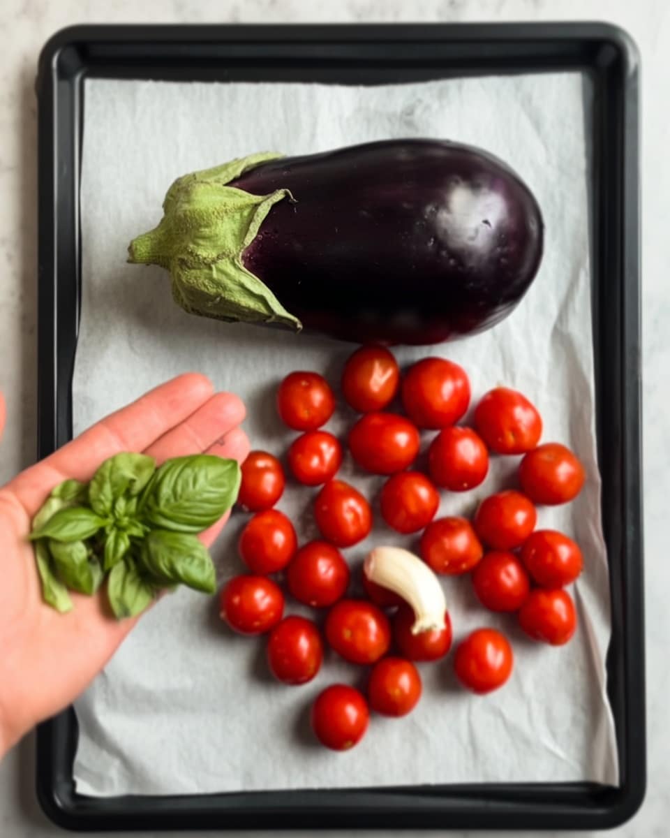 A black baking tray covered with white parchment paper holds a dark purple eggplant with a green stem in the top center area, and below it, a cluster of bright red cherry tomatoes scattered unevenly. A single white clove of garlic lies among the tomatoes. On the left side near the bottom corner, a woman's hand is open, holding a small bunch of fresh green basil leaves. The tray rests on a white marbled surface. photo taken with an iphone --ar 4:5 --v 7