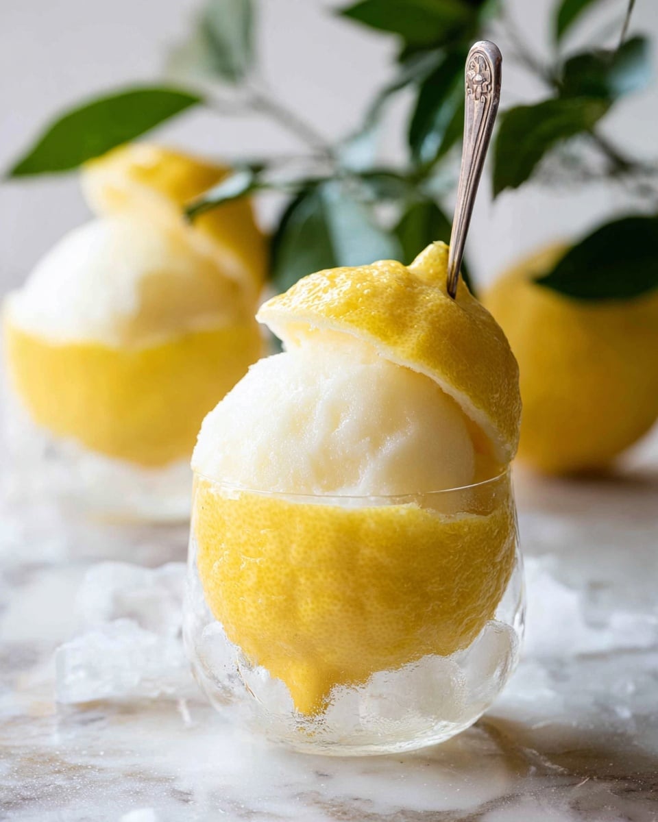 The image shows a yellow lemon cut into three parts stacked vertically in a clear glass dessert cup; the middle layer is a thick, white sorbet or ice cream with a rough texture. The top lemon piece still has a green leaf and a small stem attached, curving slightly to the left. The glass cup is clear with a short stem and round base, placed on a light grayish surface with a white marbled texture in the background. Another similar lemon with a leaf is visible blurred in the background on the right. photo taken with an iphone --ar 4:5 --v 7